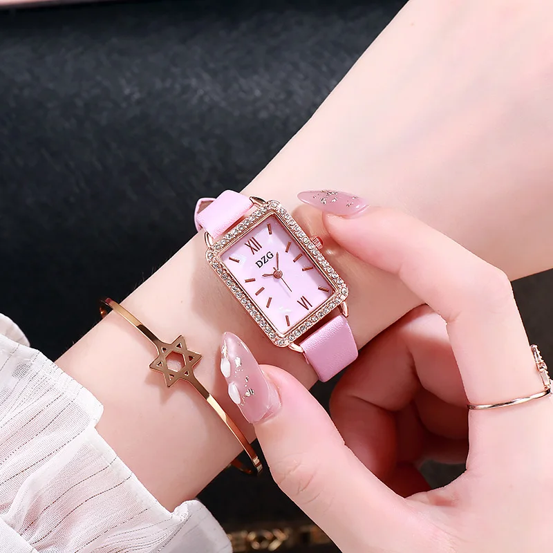 

The new DZG belt ladies watch rhinestone small square watch Korean version of the same style trendy female quartz watch