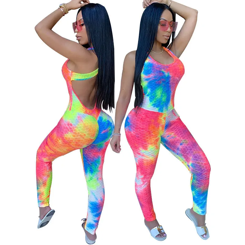 

Tie Dye Halter Neck Jumpsuit Jacquard Tight Sleeveless Open Back Lace Up Night Club One Piece Overall Playsuit Plus Size XS-5XL