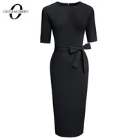 women elegant chic bow brief o neck short sleeve fashion office lady bodycon pencil dress eb606