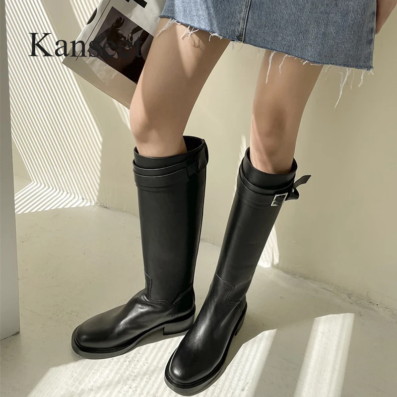 

Сапоги женские Kanseet, на каблуке 5 см, черные, облегающие, до колена, зима 2021, обувь с ремнем и пряжкой, размер 40