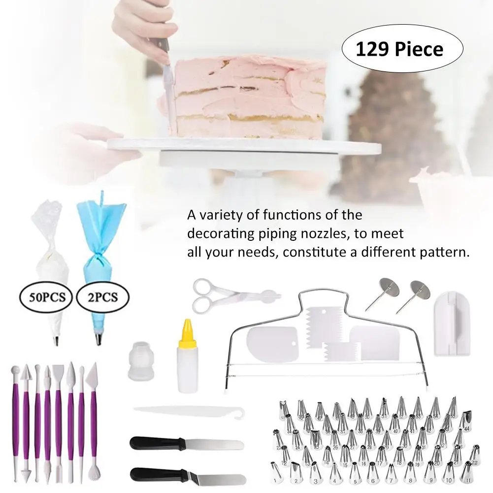 129pcs Cake Decorating Tools Baking Confectionery Kit 50PCS Piping Icing Tips Nozzles Turntable Spatula Fondant Tool # |