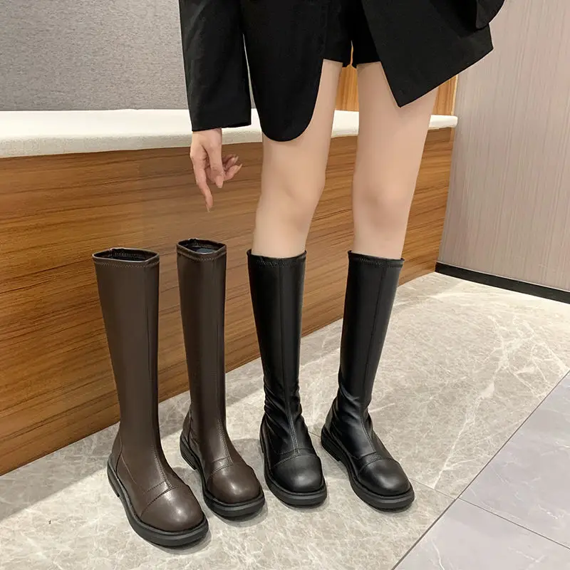 

Women Knee High Boots Full Cow Leather Warm Boots Thick High Heels Motorcycle Boots Punk Shoes Woman High Boots