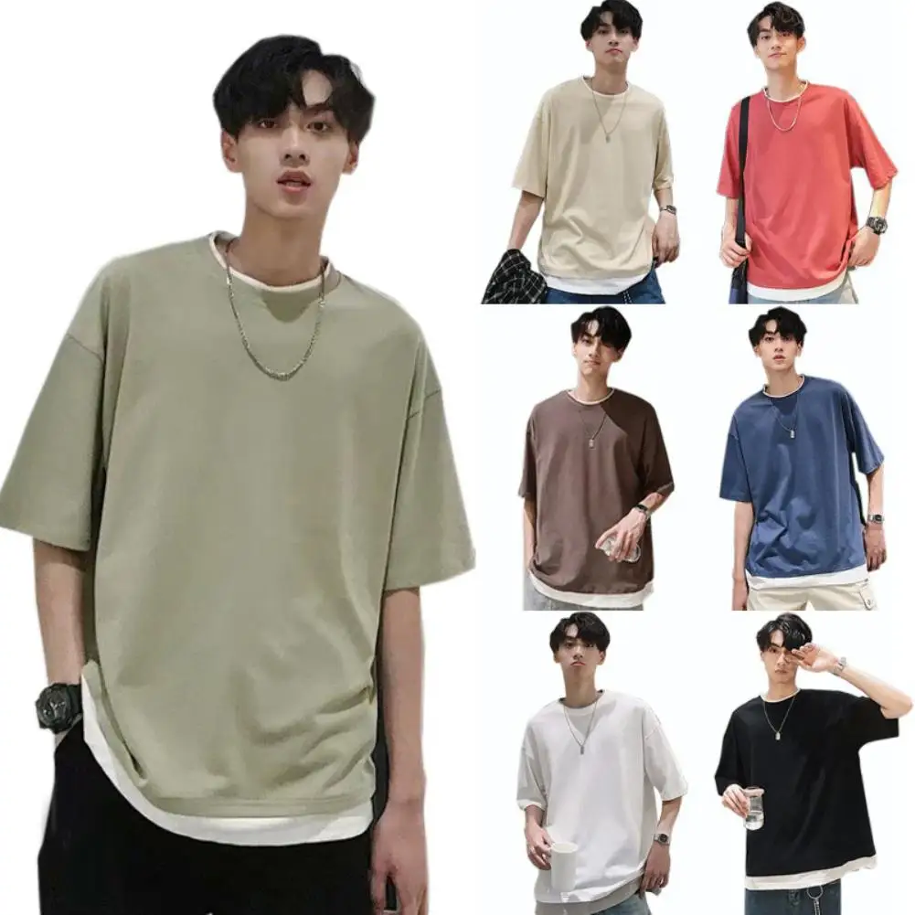 Solid Color Men Short Sleeve Round Neck Loose Patchwork Blouse T-shirt Tee Top Skin-friendly For Male Tshirt | Мужская одежда