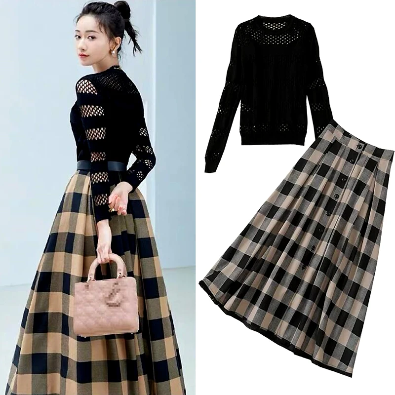 Осенне-зимний Элегантный Модный женский комплект из 2 предметов, шикарный трикотажный топ с вырезами и плиссированная юбка с высокой талией, костюмы, одежда SL192