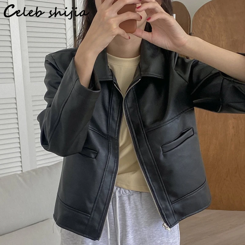 

Chic Black PU Jacket Woman Autumn Winter 2021 Loose Korean Fashion Long-sleeved Leather Motorcycle Coat Female Cropped Jacket