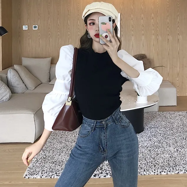 Пуловер женский с круглым вырезом и пышными рукавами осень | Женская одежда