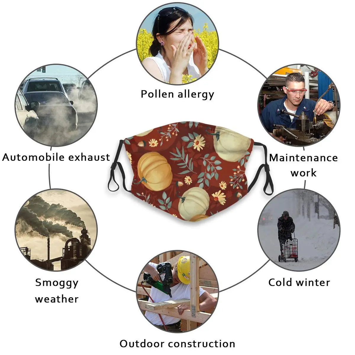 

Autumn Pumpkins With Sunflowers Maroon Mouth Mask Reusable Dust Face Masks Replaceable Filter Waterproof Mask