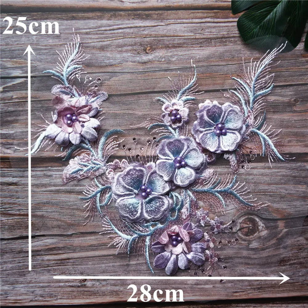 Фиолетовая 3D Цветочная кружевная ткань бусины Стразы кисточка вышитая одежда