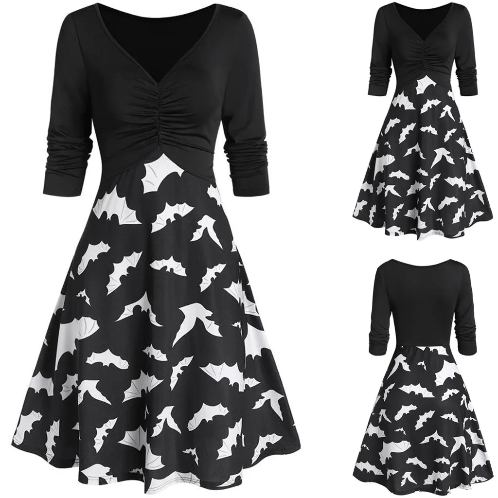 Женское винтажное платье с длинным рукавом v-образный вырез на Хэллоуин для