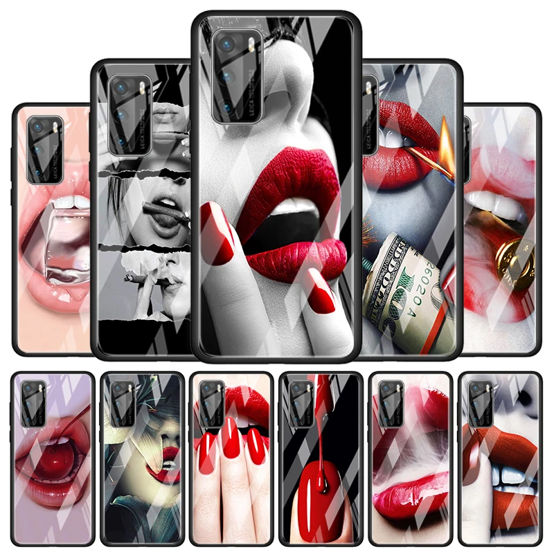 

Sexy Red Lips Kiss for Huawei P40 P30 Pro Plus P20 P10 Lite P Smart Z 2021 2020 2019 Luxury Tempered Glass Phone Case