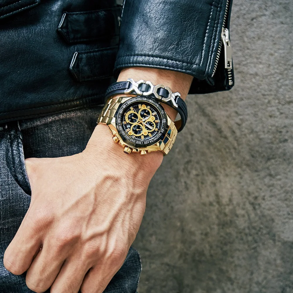 

WWOOR Men Watch Top Luxury Brand Sport Watches Mens Quartz Wristwatch Male Clock Relogio Masculino WR8868-GoldBlack