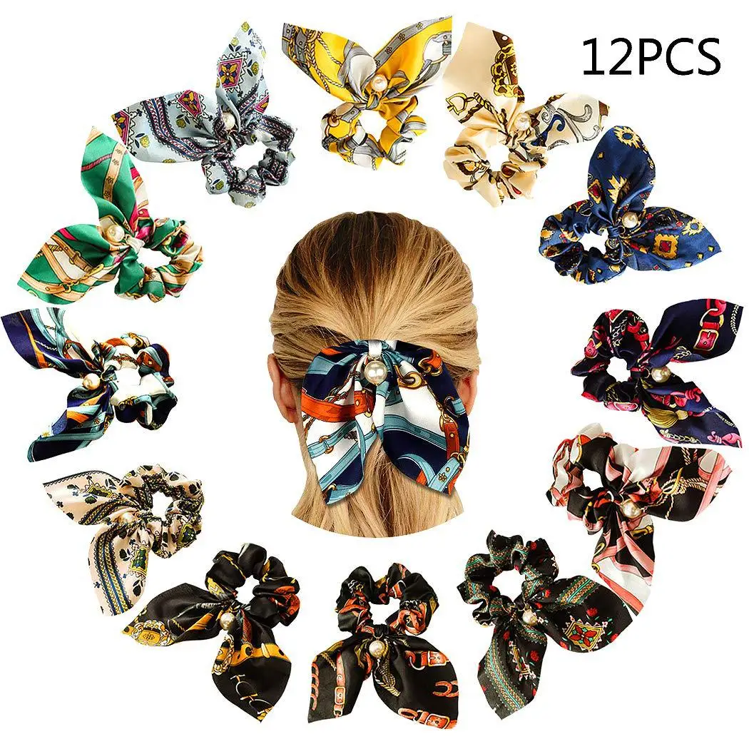 

12Pcs/Lot Ponytail Holder Bowknot Elastic Hair Bands For Women Girls Solid Color Scrunchies Headband Hair Ties Hair Accessorie