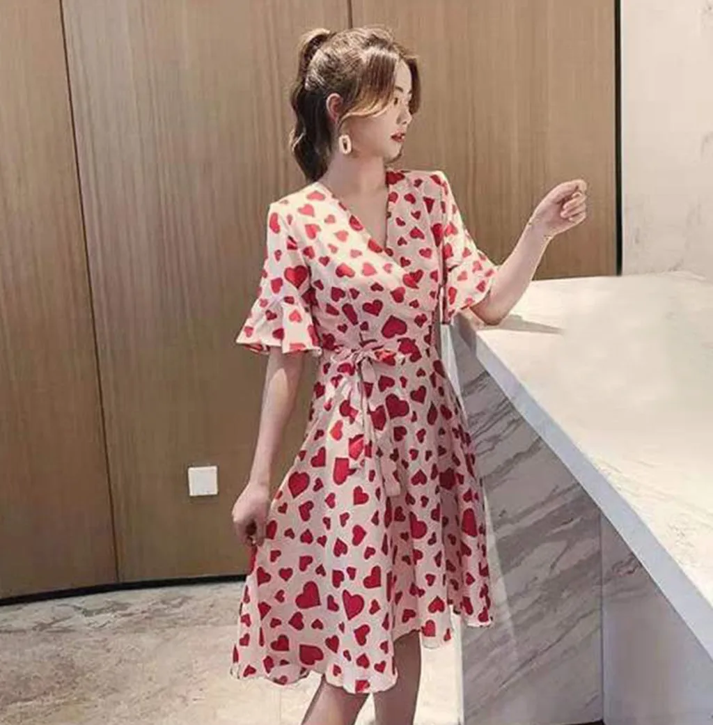 sexy Women's V-Neck Peach Heart Printing Flare Short Sleeve  Knee Length Dress kawaii harajuku classic clothes платье 2021
