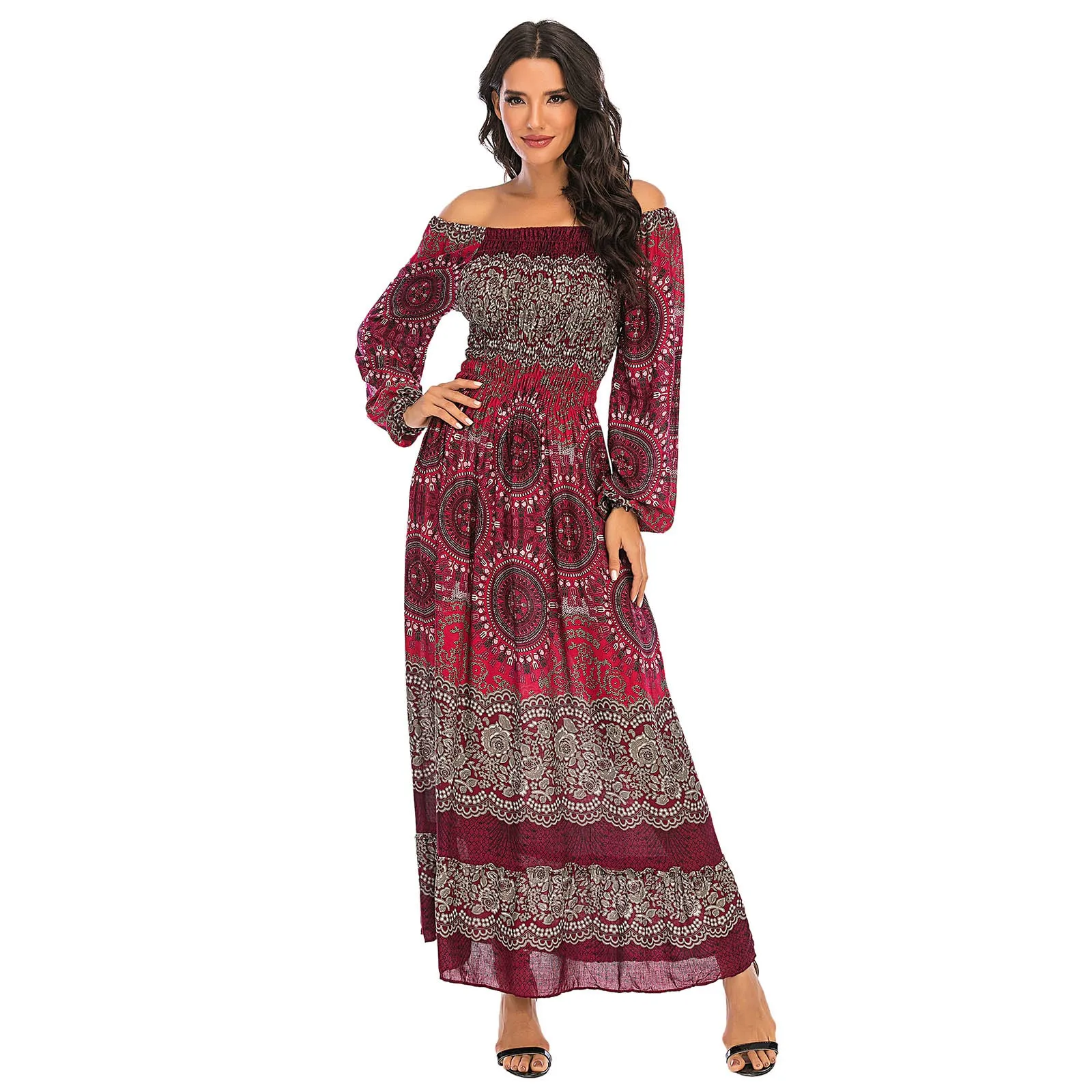Винтажный шик Vestidos женские Цветочный принт с длинным рукавом пляжные Стиль