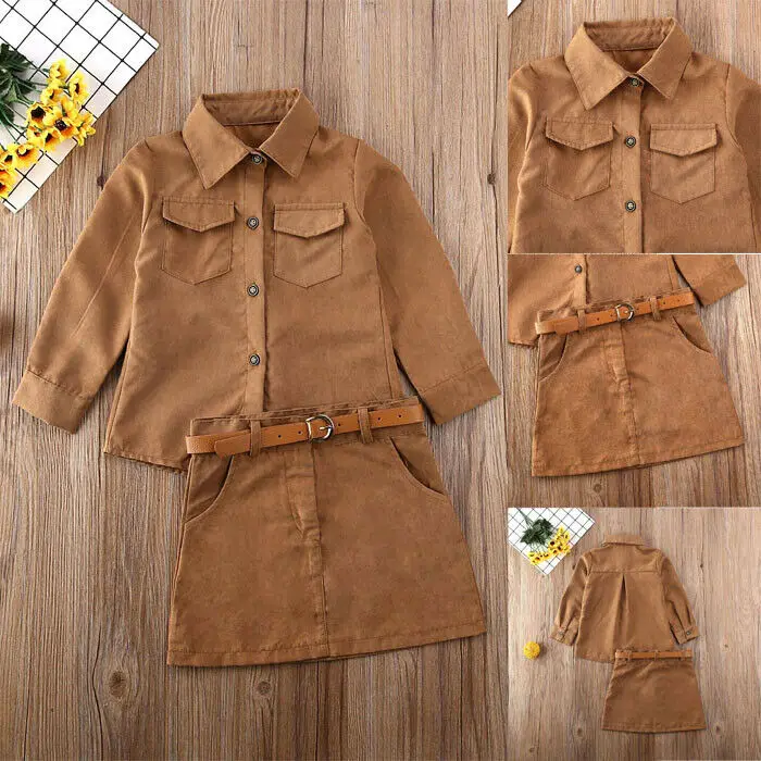 

Baby Girls Clothing Long Sleeve Button-Down Faux Leather Velvet Shirt Tops Mini Skirt Dress Outfits Set