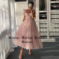 blush pink short prom dresses 2021 off shoulder tiered skirt a line party dresses pleated tea length tulle formal gowns