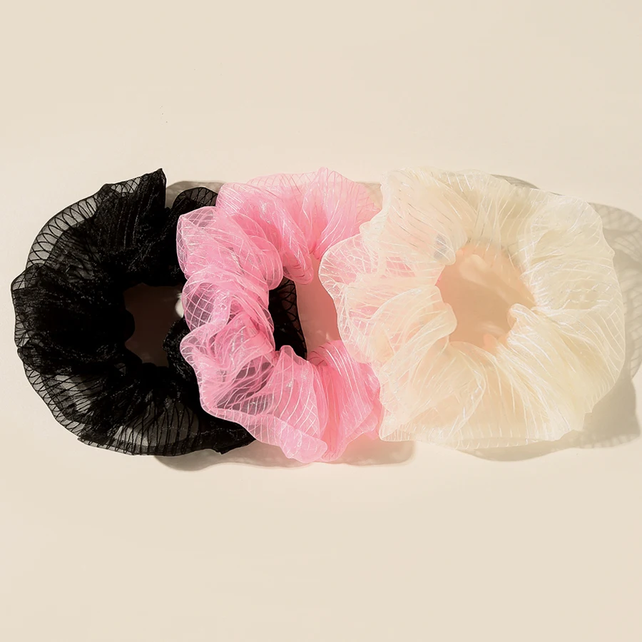 

Fashion Striped Scrunchie Solid Color Elastic Organza Scrunchie Women Hair Ring Transparent Ponytail Holder Hair Accessories