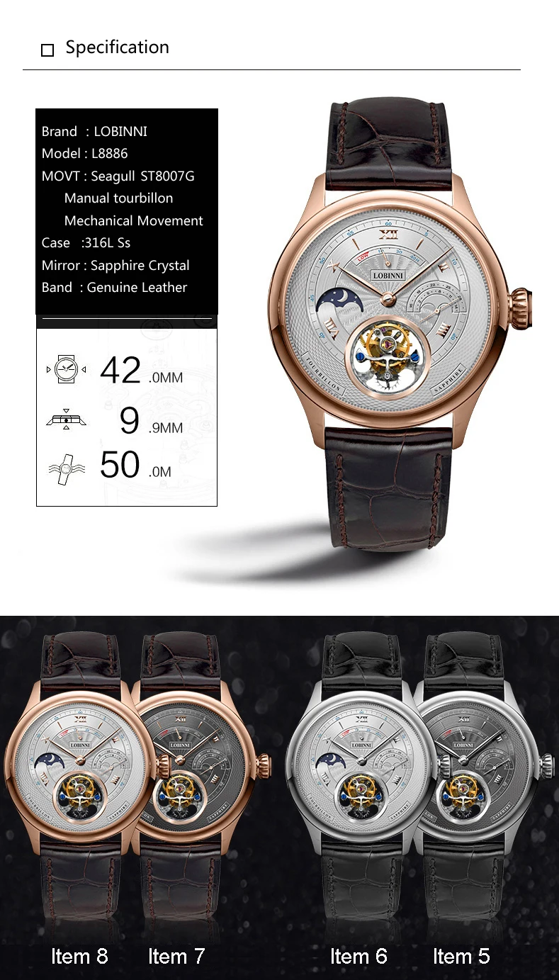 LOBINNI люксовый бренд часы для мужчин Швейцария Tourbillion механические мужские часы сапфир Водонепроницаемые часы энергетический дисплей L8886-8