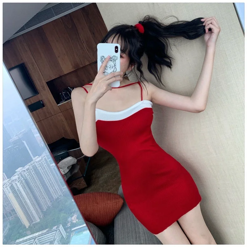 

New Fashion 2021 Slim Summer Stitching Color Knitted Mini Dress Women Spaghetti Strap Casual Sexy Party Bodycon Vestidos D186