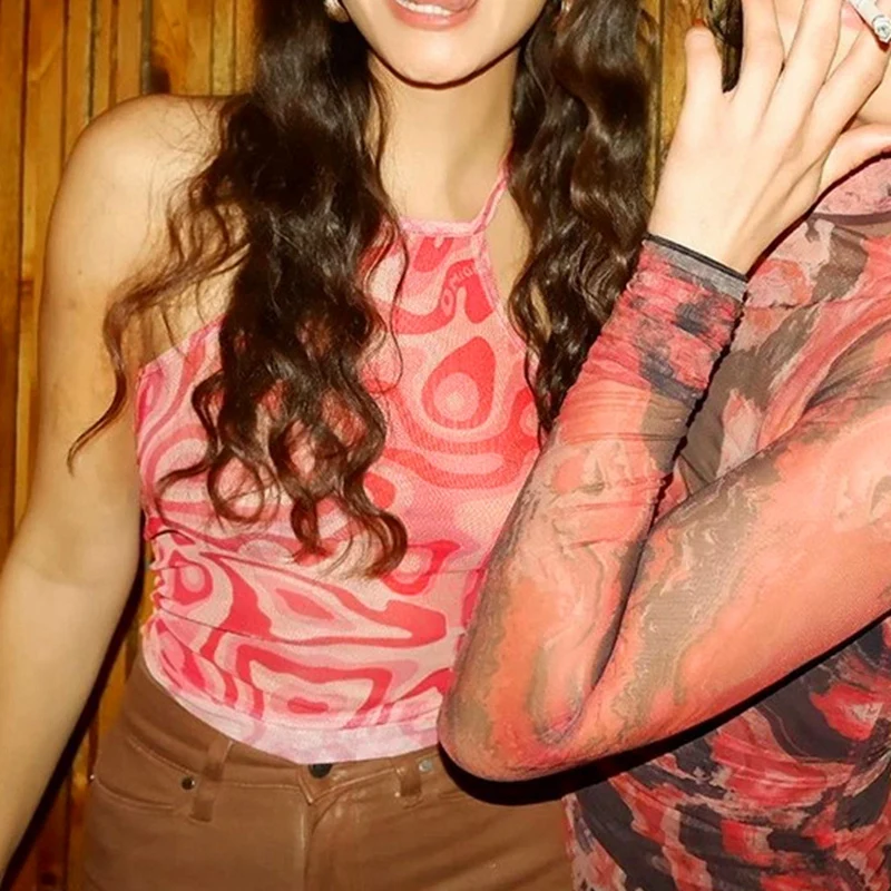 

Women's Summer Casual Mesh Print Vest Fashion Cute Halter Hanging Neck Sleeveless Ruffled Female Crop Tops