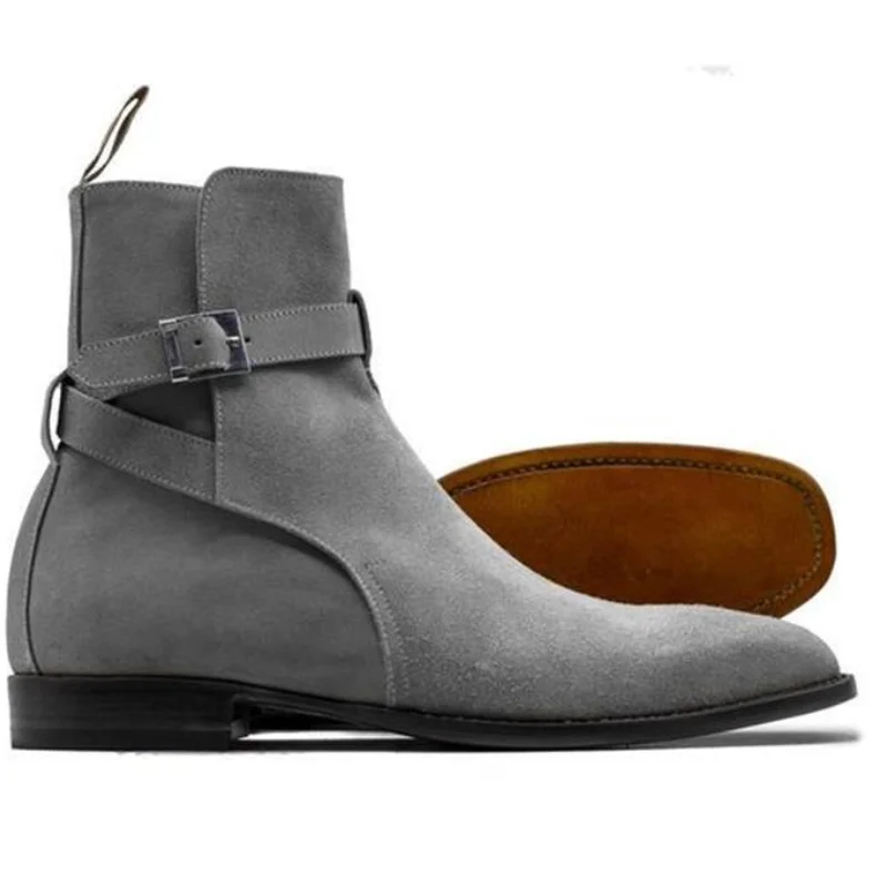 

New Men Fashion Trend All-match Dress Shoes Handmade Faux Suede Leather Retro Belt Buckle Classic Everyday Ankle Boots KG591