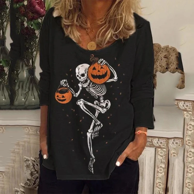 

2021 Autumn Halloween Pumpkin Skull Woman Tshirts O Neck Long Sleeve T Shirt Plus Size Tops Harajuku Tshirt Femme Vintage Shirt
