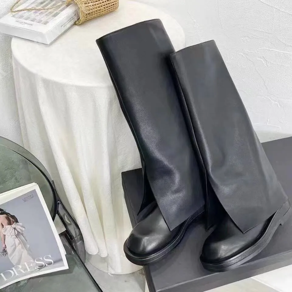 

Luxury Designer Knee-High Long Boots Women Genuine Leather Flats Winter New Round Toe Ladies Trouser Boot Split Fork Shoes Botas