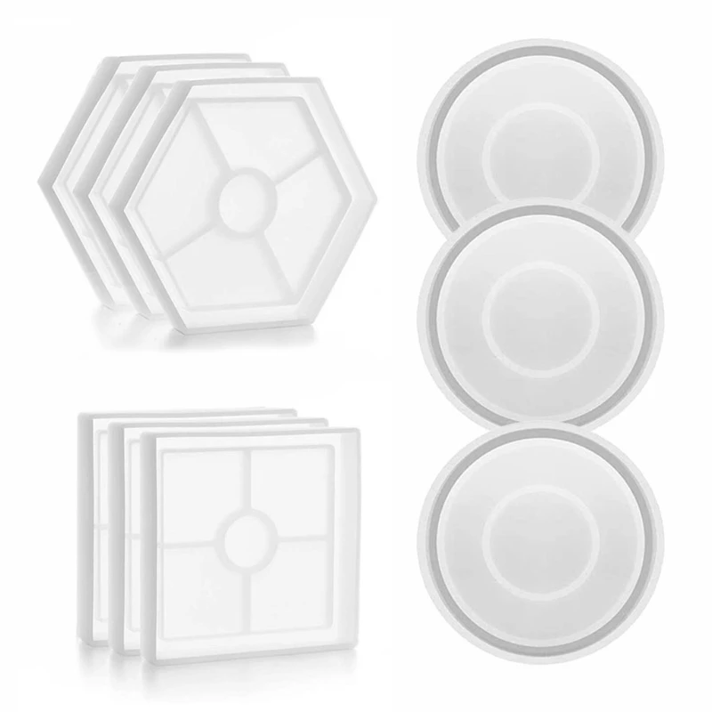 

9Pcs Silicone Round Square Hexagon Coaster Resin Casting Molds Kit Resin Coaster Tea Mat Mold Agate Coaster Molds Crafts