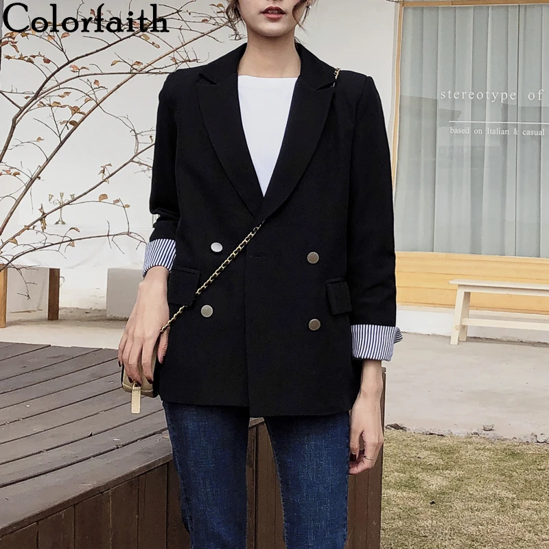 

Colorfaith Новинка 2021, весенне-осенние женские блейзеры, повседневные двубортные свободные куртки с карманами, полосатые топы с вырезами JK1240