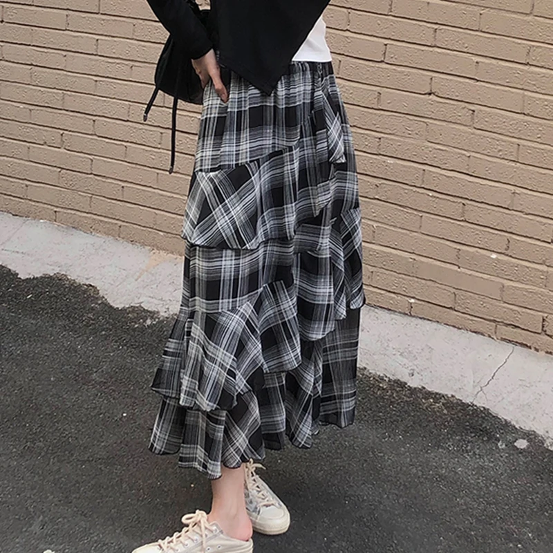 

Chiffon Irregular Plaid Skirt Women Simple Elastic Waist Oversized Skirt Woman Fashion Loose Thin Skirt Woman's Summer 2021