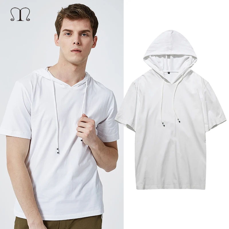 Футболка мужская с капюшоном Однотонная рубашка в стиле хип хоп коротким рукавом