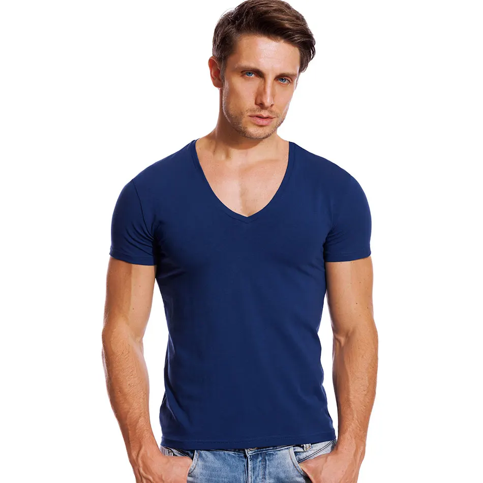 Solid V Neck T Shirt for Men Low Cut Stretch Vee Top Tees Slim Fit Short Sleeve Fashion Male Tshirt Invisible Undershirt Summer