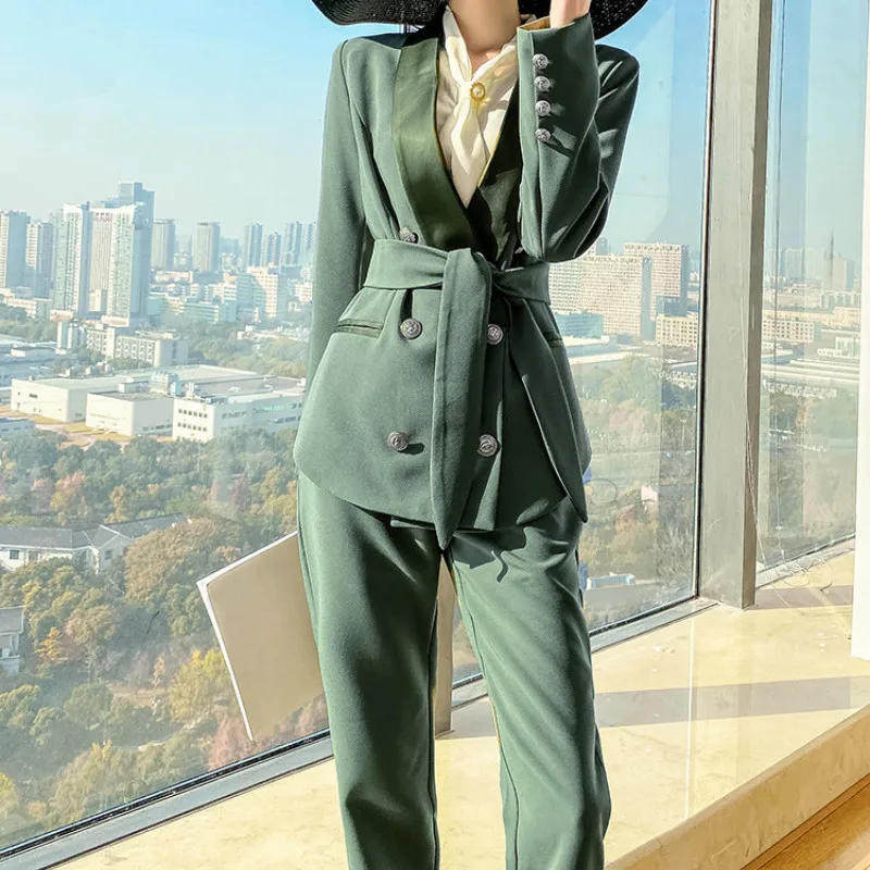 

Women's plus size professional pants suit two-piece Autumn and winter high quality double breasted ladies jacket casual trousers