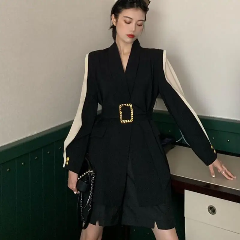 2019 Women Metal Gold Buckle With Belt Blazer Notched Fashion Split Black Hit Color Blazers Coat Ladies Office Loose Jacket | Женская