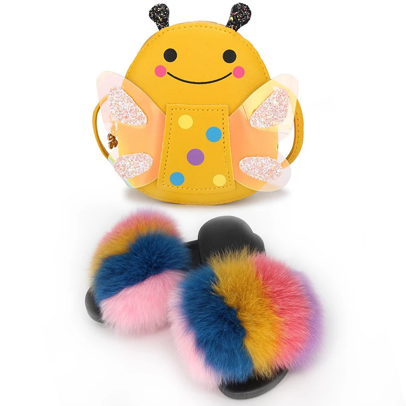 

Children Slippers Fluffy Summer Slides with Cute Backpack Brand Sandals Messenger Bag For Girl Real Fox Fur Shoes Cartoons Purse