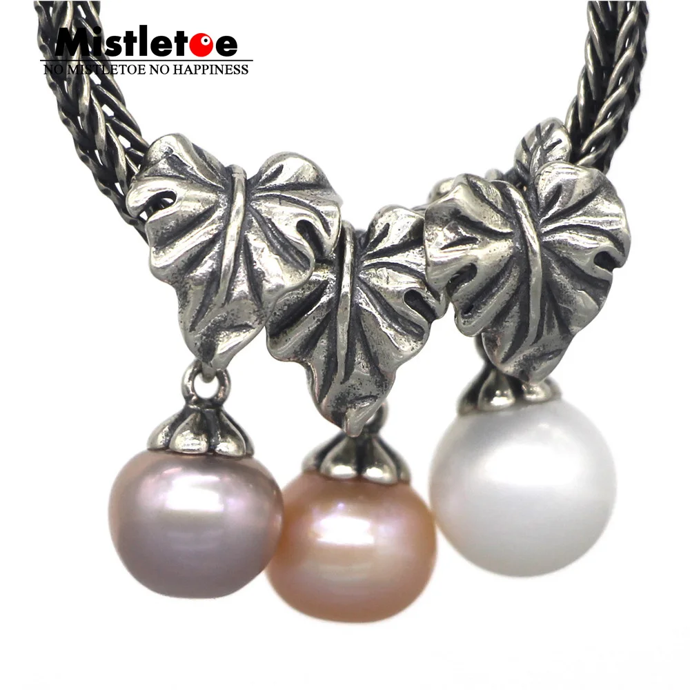 Mistletoe 925 пробы серебро урожая болтаются Шарм с натуральным пресноводным жемчугом европейские ювелирные изделия