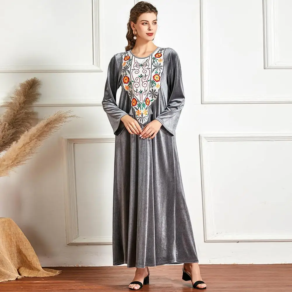 

Winter Women Maxi Dresses Loose Velvet Floral Embroidery Tassel Detailed Long Sleeves A Line Casual Abaya Muslim Saudi Turk Gown