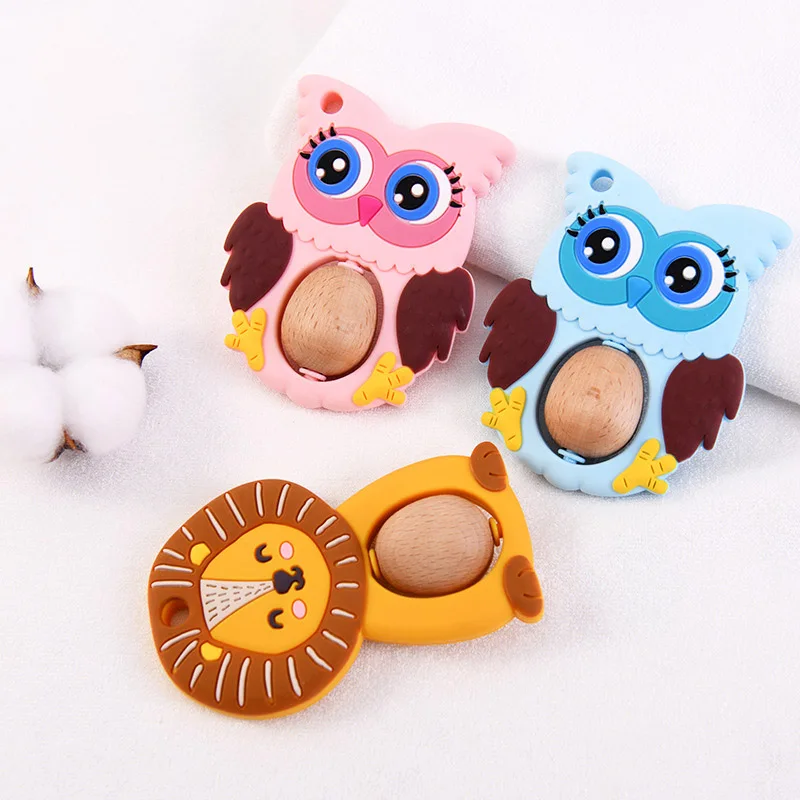 BPA libre silicona buho con cuentas de madera alimentos grado Peque&ntilde;a barra collar de dentici&oacute;n DIY regalos de la ducha de beb&eacute; de dibujos animados beb&eacute;-0