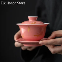 165ml peach red glazed ceramic tea tureen pink red crowned crane tea maker gaiwan sancai covered bowl household kung fu teaware