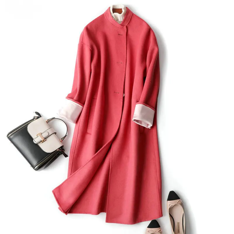 

net coat handmade 100% red Wool double-sided cashmere overcoat women's mid long new Korean pink round neck wool coat