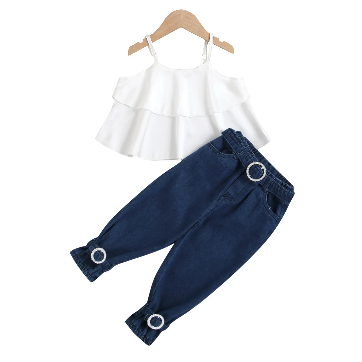 

Kids Baby Girls Summer Off Shoulder Solid Tops Vest Long Denim Pant Drawstring Jeans Toddler Children Clothes Sets 2pcs 18M-6Y
