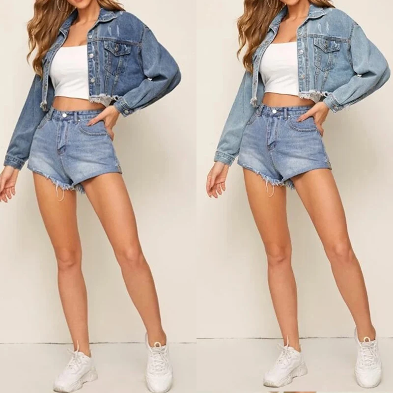 

Autumn Women's Denim Cropped Jacket Female Pockets Hole Short Jean Jackets Ladies 2021 New Fashion Button Casual Solid Coats