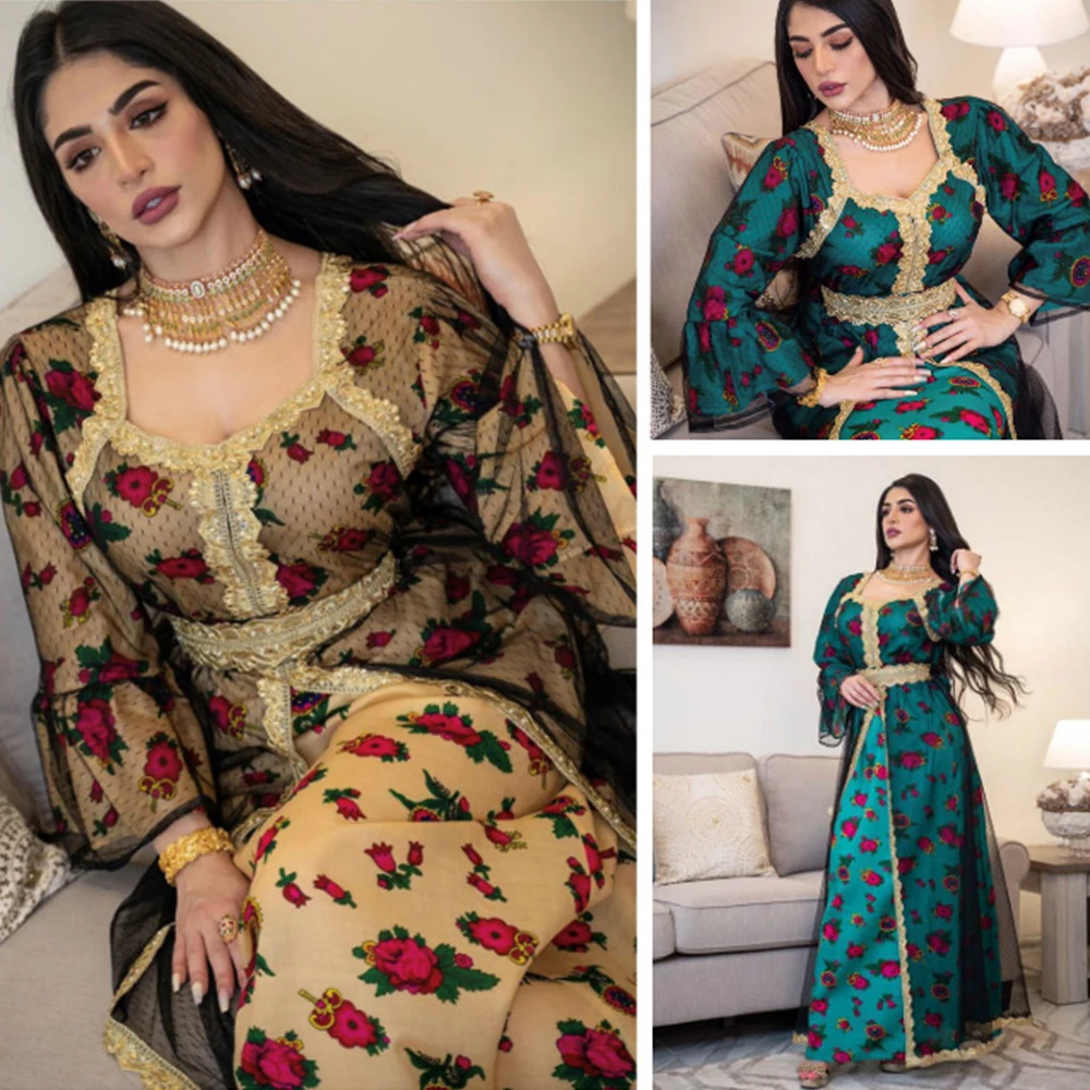 

Вышивка Jalabiya сетки индийское платье мусульманское Abaya Eid Мубарак Дубай Турецкий Арабский Золотой Кружева марокканский кафтан Исламская оде...