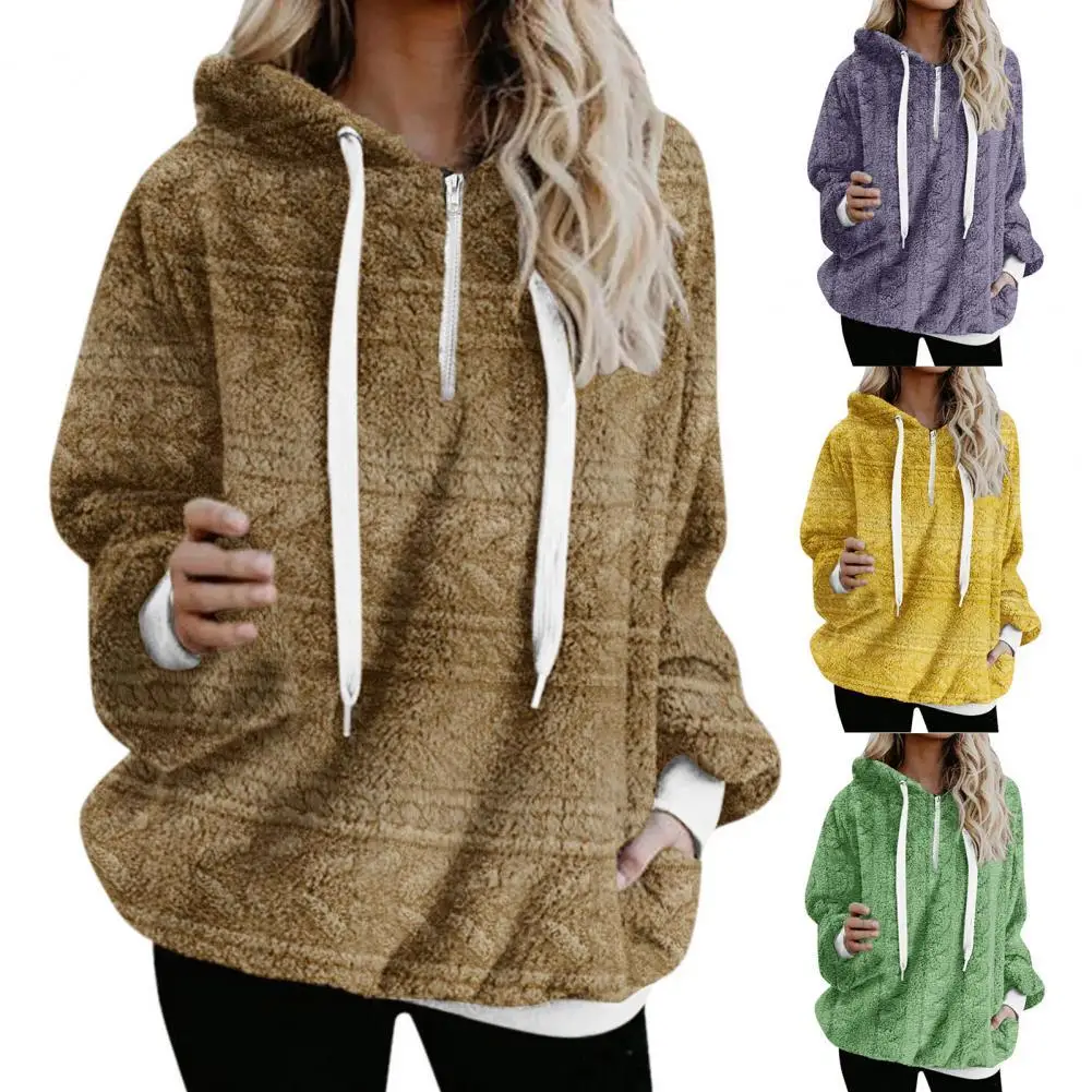 

Autumn Winter Fleece Hoodie Sweatshirt Easy Wear Double Sided Velvet Comfortable Zipper Pockets Women Pullover Coat Outwear