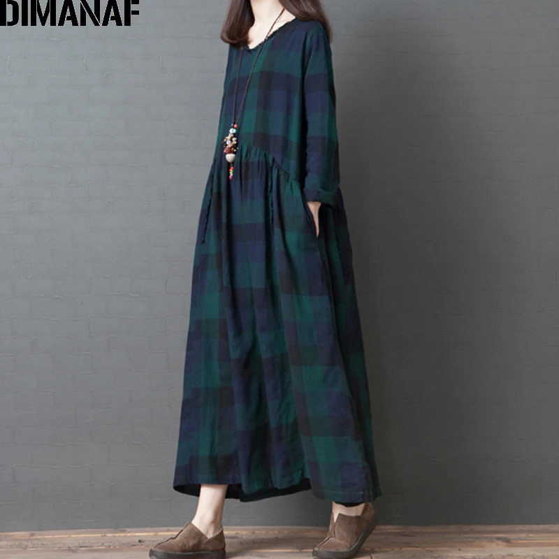 Женское платье с длинным рукавом DIMANAF винтажное хлопковое свободное большого
