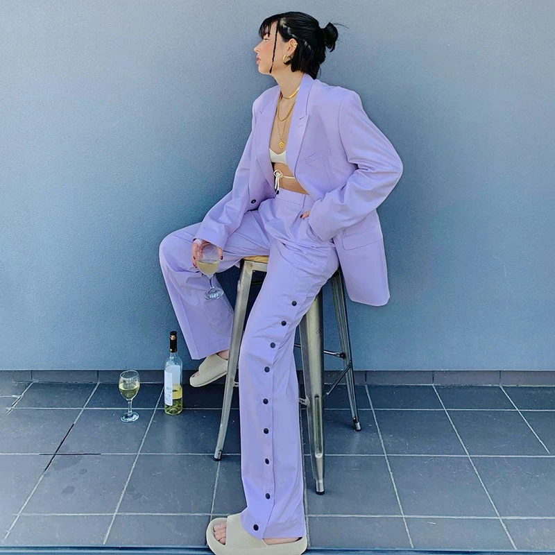 

Side Button-up Wide Leg Straight Suit Pants Women Retro Cargo Korean Fashion Purple High Waist Trousers Y2K Sweatpants Iamhotty