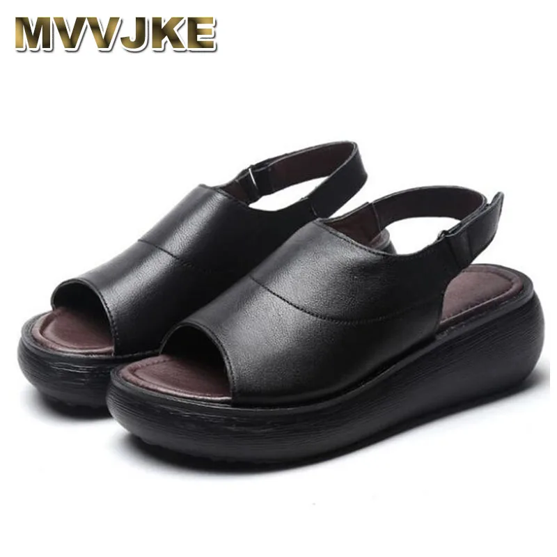 

MVVJKE 100% Natural Full Genuine Leather Sandals Summer Open Shoes Thick Bottom Wedge Sandals Women Fashion Shoes Casual Sandal