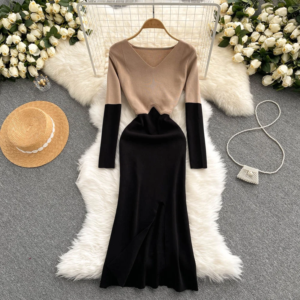 

V Neck Sweater Dress Women Knitting Patchwork Autumn Winter Korean Robe Femme Stretchable Elegant Bodycon Split Dress