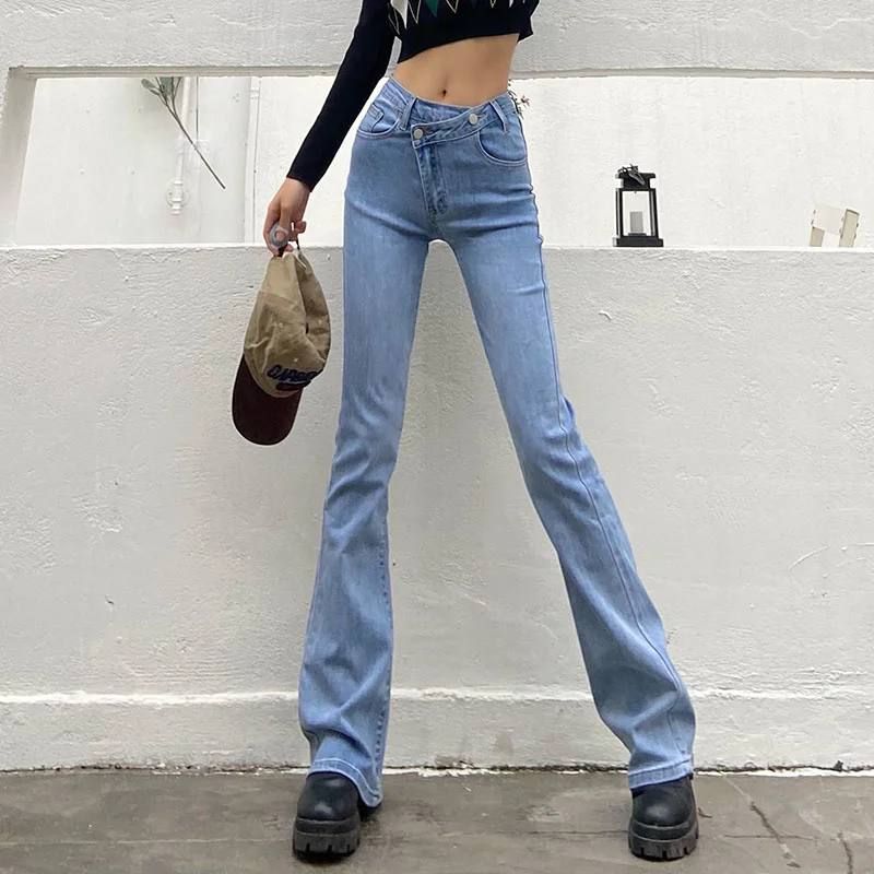 

XUXI Denim Splicing Tight, Women Slim Thin Flare Pants, Streetwear Fashion Trousers, Autumn 2021, E4134