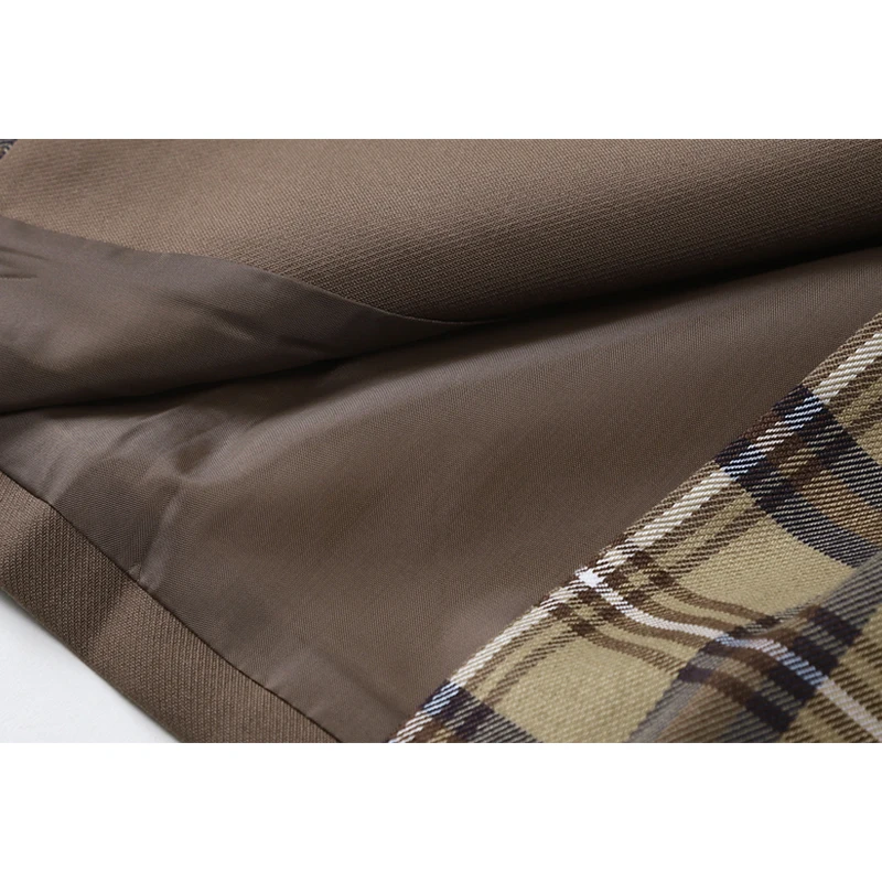 

2020 Winter Design Coffee Plaid Patchwork Blazer Jacket Women Vintage Double Breasted Long Sleeve Fashion Office Coat Lady